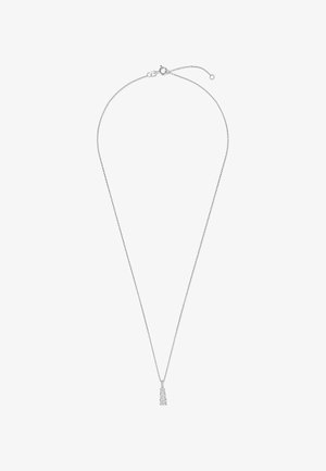 Sølv kædedesign med en strømlinet vedhæng bestående af tre stablede rektangulære elementer, prydet med små, klare ædelstene.