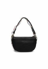Black leather handbag with a curved shape, featuring a floral patterned fabric strap and a front zipper pocket. Smooth texture, minimalist design.