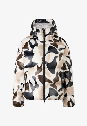 Padded Jacke im glänzenden, beigen, schwarzen und weißen Camouflage-Muster. Mit Kapuze, Frontreißverschluss und Seitentaschen. Strukturierter Stoff.