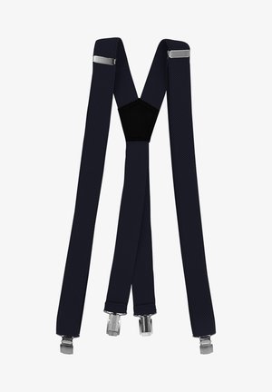 Dunkelblaue verstellbare Hosenträger aus strukturiertem Stoff mit Metallclips zum Befestigen. Verfügt über einen schwarzen Y-förmigen Rückenverbinder.