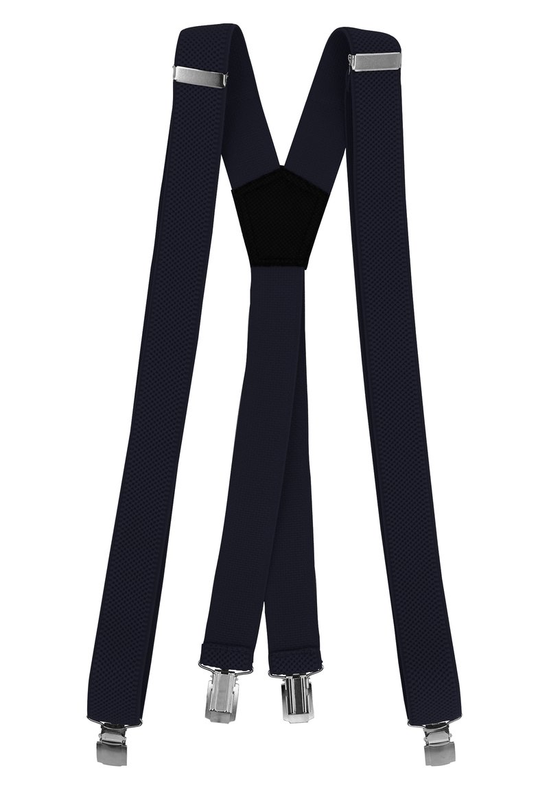 Dark navy adjustable suspenders made of textured fabric with metal clips for fastening. Features a black Y-shaped back connector.