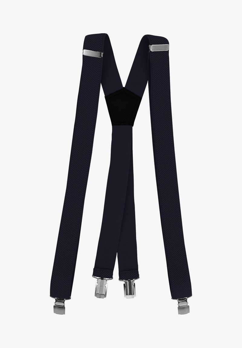 Dark navy adjustable suspenders made of textured fabric with metal clips for fastening. Features a black Y-shaped back connector.
