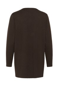 Pull à manches longues marron foncé vu de dos avec un design simple, uni et un ourlet droit.