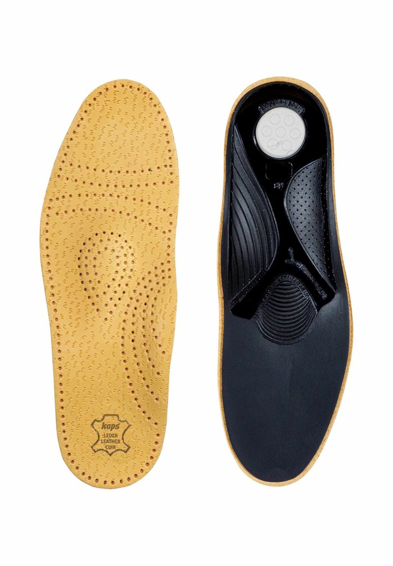 Podplati z vložki z medeno obarvano perforirano usnjeno površino na levi strani in črno strukturirano podporno sekcijo na desni strani.