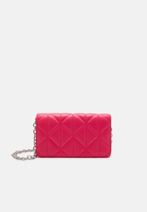 Quilted pink faux leather handbag with a chain strap, featuring a rectangular shape and diamond pattern detailing on the surface.