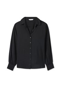 Maglietta nera a maniche lunghe realizzata in tessuto leggero, con chiusura a bottoni frontale, colletto classico e polsini arricciati. Texture liscia e senza fantasie.