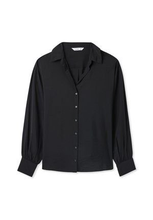 Czarna koszula z długim rękawem wykonana z lekkiego materiału, z zapinaniem na guziki z przodu, klasycznym kołnierzykiem i bufkami przy mankietach. Gładka tekstura i brak wzorów.