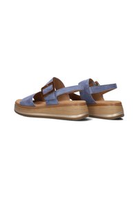 Blauwe suède sandalen met een houten plateau, verstelbare band en een decoratieve gesp. Beschikt over een gevoerde binnenzool voor comfort.