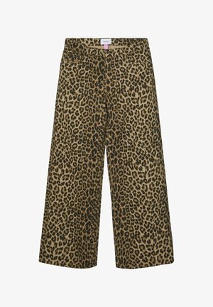 Leparda raksta platās kājas bikses, kas izgatavotas no mīksta auduma, ar augstu jostasvietu un brīvu piegriezumu, ar kabatām un uzkrītošu melnu un brūnu rakstu.