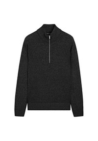 Pull en maille gris foncé avec un col haut et une demi-fermeture éclair, doté de poignets et d'un ourlet côtelés pour un ajustement confortable. Texture lisse.