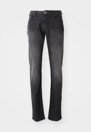 Graue Jeans aus Denim mit geradem Bein, ausgestattet mit einem Knopfverschluss und fünf Taschen. Der Stoff hat eine leicht ausgewaschene Textur.
