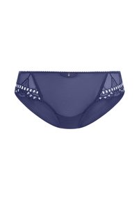 Navy blauwe mesh slip met kantaccenten en decoratieve afwerking. Zachte textuur met een middelhoge pasvorm en ingewikkelde patroondetails aan de zijkanten.