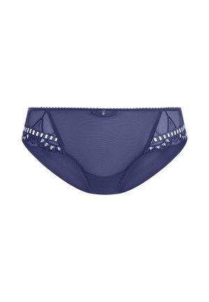 Culotte en maille bleu marine ornée d'accents en dentelle et d'une bordure décorative. Texture douce avec une taille mi-haute et des détails de motif complexes sur les côtés.