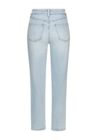 Gai zila denima bikses ar taisnām kājām, divām aizmugurējām kabatām un augstu jostasvietu. Nodilušais materiāls ar minimāliem šuvju akcentiem.