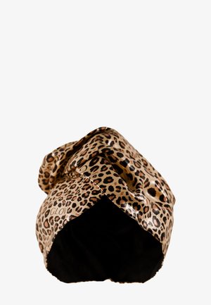 Kapuze mit Leopardenmuster aus glänzendem Stoff und schwarzem Innenfutter. Verfügt über ein eng anliegendes, gerafftes Design für einen sicheren Sitz.