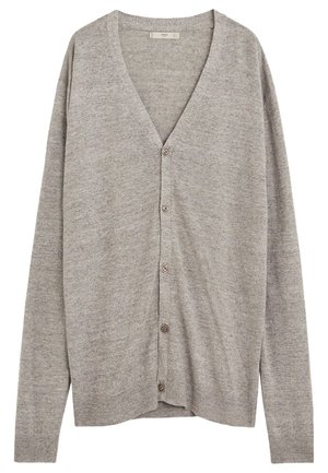 Jasnoszary kardigan z długim rękawem i dekoltem w serek, z pięcioma guzikami oraz ściągaczami na mankietach i u dołu, wykonany z miękkiej dzianiny.