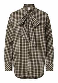 Grå og sort ternet skjorte med butterfly-krave, lange ærmer og buet kant. Fremstillet af blødt stof med en tekstureret finish.