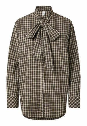 Grijs-zwart geruit overhemd met een strikje bij de kraag, lange mouwen en een gebogen zoom. Gemaakt van zachte stof met een gestructureerde afwerking.