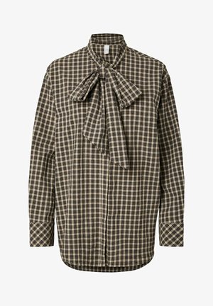 Grijs-zwart geruit overhemd met een strikje bij de kraag, lange mouwen en een gebogen zoom. Gemaakt van zachte stof met een gestructureerde afwerking.