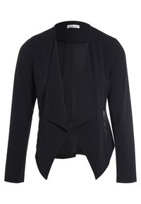 Veste noire sur mesure avec un devant drapé et des manches longues. Dispose de poches zippées de chaque côté et d'un tissu lisse et texturé.