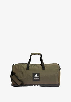 Borsa da viaggio verde oliva con accenti neri. Materiale in tessuto, manici robusti, tracolla regolabile e patch logo frontale. Chiusura con zip nella parte superiore.