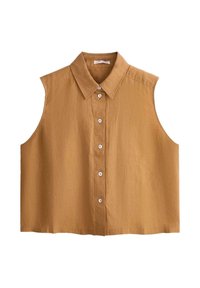 Chemise sans manches marron clair à boutons avec un col pointu et six boutons blancs sur le devant.
