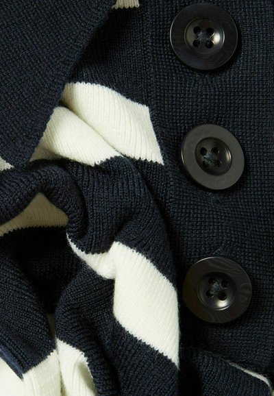 Maglione lavorato a maglia con strisce blu navy e crema, dotato di tre bottoni neri. La trama del tessuto appare morbida e a coste.
