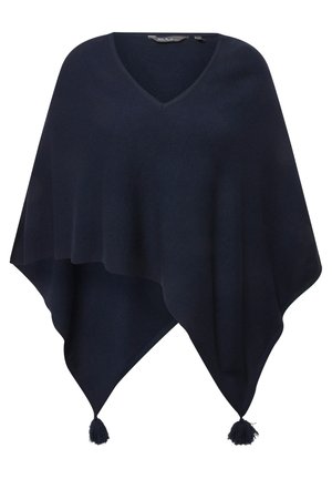 Poncho navy con design a V, caratterizzato da una morbida texture in maglia e forma triangolare. Include frange decorative alle estremità.