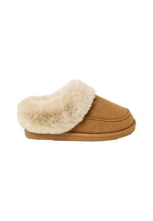 Tan suede slipper with a soft, cream faux fur cuff. Rounded shape, lightly textured sole, and stitched detailing on the upper.