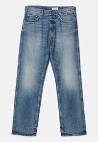 Blå blekta raka jeans med fem fickor, knäppning och synliga sömnadsdetaljer.