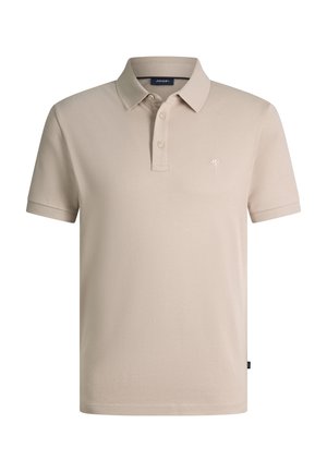 Polo color beige a maniche corte con due bottoni, un logo ricamato discreto sul petto e un colletto classico.