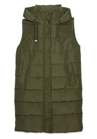 Oliwkowa bezrękawnikowa kamizelka puchowa z kapturem, wyposażona w przednie kieszenie, zapięcie na zamek błyskawiczny oraz przeszycia w poziome wzory. Gładka faktura.