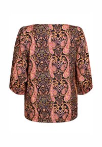 Maglietta a maniche lunghe con motivo paisley multicolore su uno sfondo scuro, con una vestibilità ampia e orlo leggermente accorciato.