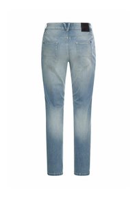 Light blue denim jeans with back pockets, belt loops, and slight fading on the thighs and knees, shown from the rear.