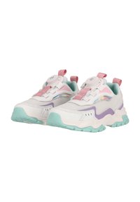 Weiße Sportsneaker mit pastellfarbenen Akzenten in Pink, Türkis und Lila. Enthält ein Obermaterial aus Mesh, eine abgerundete Zehenpartie und einen einzigartigen Verschluss mit einem Drehknopf.
