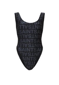 Costume da bagno intero nero con un motivo ripetuto di logo "ALLSAINTS", spalline larghe e un taglio alto sulla gamba. Tessuto dalla trama liscia.