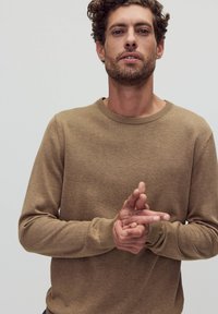 Bruin gebreide trui met lange mouwen en een ribbelachtige ronde halslijn. Soepele textuur, aansluitend ontwerp. Model toont een handgebaar.