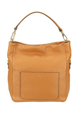 Tan leather handbag with a single shoulder strap, front pocket, and gold-tone hardware against a white background.