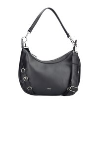 Sac à épaule en cuir noir avec fermeture à glissière sur le dessus, sangle réglable, boucles en argent et petit logo de la marque en métal au centre avant.