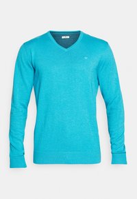 Pull col en V turquoise en tissu tricoté lisse. Manches longues, poignets et ourlet côtelés, avec un logo discret sur la poitrine.