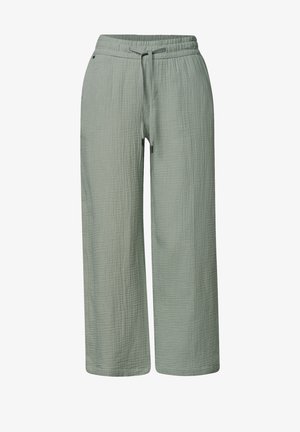 Hellgrüne, strukturierte Hose mit weitem Bein, elastischem Bund und vorderem Kordelzug, aus leichtem Stoff.