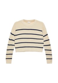 Crème-kleurige cropped trui met marineblauwe horizontale strepen, gebreide structuur en ronde halslijn. Lange mouwen met ribboorden.