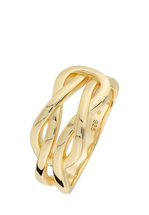 Goldfarbener Ring mit verdrehtem offenem Geflecht und glatter, polierter Oberfläche sowie "925" Stempel auf der Innenseite des Rings.