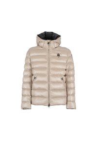 Lichtbeige pufferjack met horizontale stiksel, ritssluiting aan de voorkant, twee met rits afsluitbare zakken en aangehechte capuchon met zwart binnenwerk.