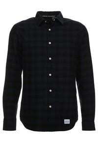 Zwart en marineblauw geblokt overhemd met lange mouwen, een button-down kraag, witte knopen en een label met de merknaam linksonder.