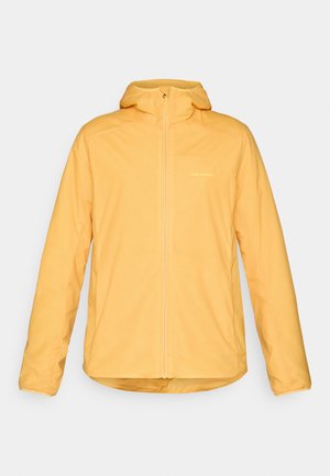 Gelbe leichte Jacke mit Kapuze, durchgehendem Reißverschluss und elastischen Bündchen. Das Material wirkt glatt und wasserabweisend und trägt ein dezentes Logo.