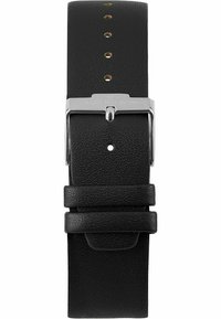 Svart läderwatchband med en texturerad yta, silverfärgad metallspänne och flera justeringshål för storleksanpassning.
