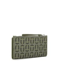 Olive green wallet crafted from durable material, featuring a repeating pattern in a darker shade, with a zip closure and a wrist strap.