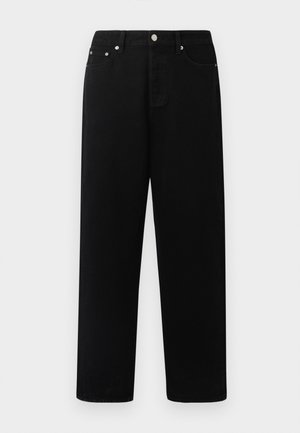 Zwarte rechte broek van katoen, met een vijfzakkenontwerp, metalen knoop en klinknagels als accenten. Soepele textuur, geen patronen.