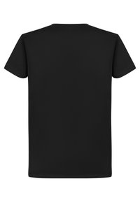 Černé tričko s krátkým rukávem, s kulatým výstřihem, vyrobené z měkkého jersey materiálu, má na zadní straně hladký design bez grafiky nebo dekorací.